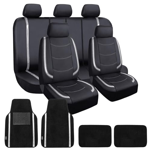 FH Group Galaxy13 Metallic Striped Deluxe Leatherette Car Seat Covers with Matching Carpet Floor Mats – Full Set, Universal Fit, Airbag Compatible for Cars, SUVs & Sedans, White - color: White