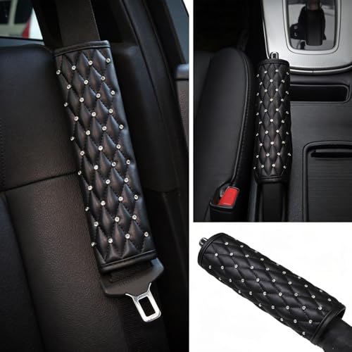 5pcs/Set Bling Bling Car Seat Belt Covers & Diamond Gear Shift Knob Cover & Crystal Handbrake Cover Set Diamond Auto Interior Decor Accessories for Women (5pcs/Set - Full Crystal)