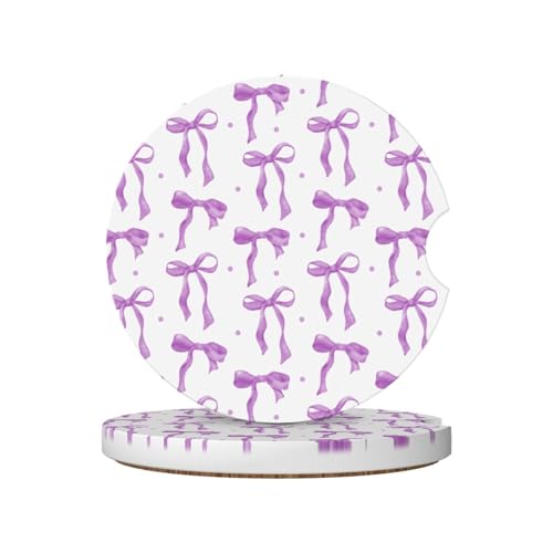 Purple Bow Car Coasters for Cup Holders,2 Pack Car Cup Holder Coasters for Car,Ceramic Absorbent Car Coaster with A Finger Notch and Cork Base,Car Interior Accessories for Women Men - color: Purple Bow