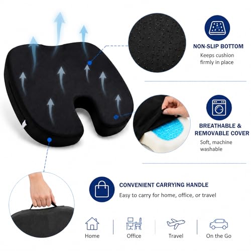 DR.DREAM Seat Cushion for Long Sitting, Cooling Gel Memory Foam Seat Cushion - Back, Sciatica, Coccyx, Tailbone Pain Relief - for Office Chairs, Car Seat, Wheelchair Sitting Cushion (Black) - color: Black