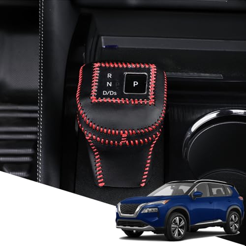 Great-luck Genuine Leather Automatic at Gear Shift Knob Cover Protector Trim,the car Interior Accessories(Red Stitches) for Nissan Rogue(2021 2022 2023 2024 2025) - color: Red Stitches, size: Rogue(2021-2025)
