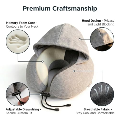 Portable Travel Neck Pillow with Hood and Storage Case, Memory Foam Airplane Pillow for Long Flights, Adjustable Chin Support & Removable Washable Cover for Car, Office, Train, Gift for Men and Women