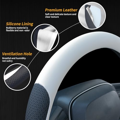 Uxcer Nappa Leather Steering Wheel Cover, Universal 14.5–15 Inch Non-Slip Breathable Steering Wheel Cover for Cars, White - color: White