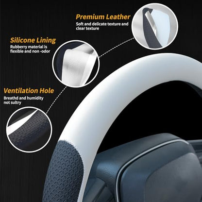 Uxcer Nappa Leather Steering Wheel Cover, Universal 14.5–15 Inch Non-Slip Breathable Steering Wheel Cover for Cars, White - color: White
