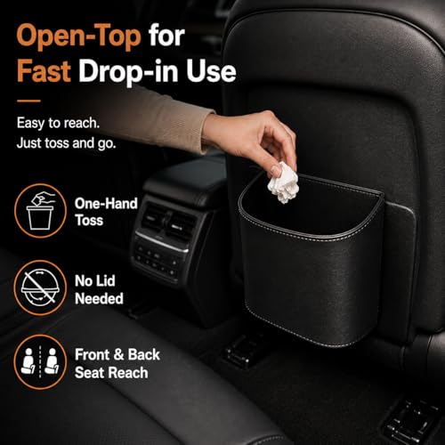 COZILO Leather Car Trash Can – Leakproof & Easy-to-Clean Car Garbage Can for Luxury Cars, SUVs & Trucks | Includes 60 Custom Liners, Secure Hook, Easy Install, Black - color: Black (small)