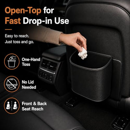 COZILO Leather Car Trash Can – Leakproof & Easy-to-Clean Car Garbage Can for Luxury Cars, SUVs & Trucks | Includes 60 Custom Liners, Secure Hook, Easy Install, Black - color: Black (small)