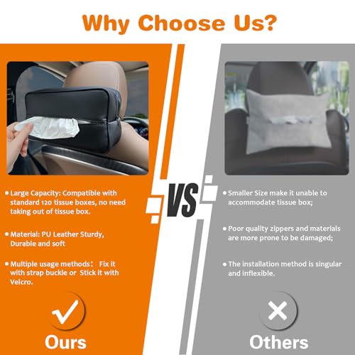 Large Car Tissue Holder for 120 Standard Tissues, Premium PU Leather Tissue Holder in Car Backseat Rectangular, Napkin Holder for Car Fits for Kleenex Tissues Box Daily Use Black (2, Black)