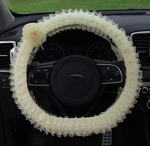 Steering Wheel Cover for Women with Laces Flower Graphic Soft Warm Interior Car Accessories Universal Fit 15" Wheel Protector for SUVs, Van, Trucks (Beige) - color: beige