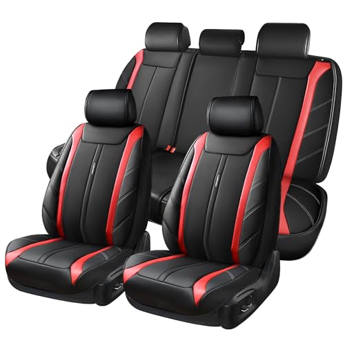 CAR PASS Luxury Faux Leather Seat Covers Full Set, Breathable Sporty Premium Leather Seat Covers, Waterproof Anti Slip Automotive Seat Covers Universal Fit for 95% Trucks SUV Sedans Van,Black and Red - color: Black and Red, size: Front and Rear