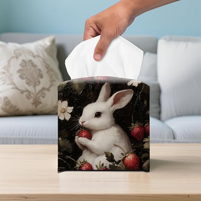 Spring Rabbit 5.2-Inch Square PU Leather Tissue Box Cover – Easter Bunny Art, Hand-Stitched, Removable Liner, Bathroom, Bedroom, Living Room, Office, Car - color: Rabbit