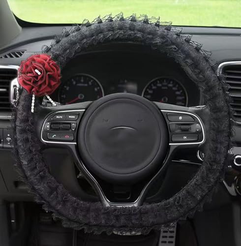 Steering Wheel Cover for Women with Laces Flower Graphic Soft Warm Interior Car Accessories Universal Fit 15" Wheel Protector for SUVs, Van, Trucks (All Black) - color: all black