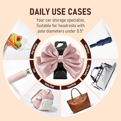 Car Seat Headrest Hook Bow Hooks for Car Bow Car Accessories 2 Pack Hanger Storage Organizer Universal for Handbag Purse Coat fit Universal Vehicle Car (Pink)