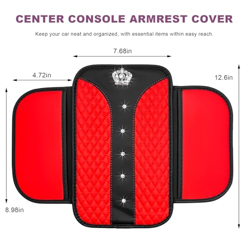 Bling Crown Car Center Console Cover, Crystal Leather Auto Armrest Box Cushion with 2 Storage Bags, Universal Crown Middle Console Cover Arm Rest Protector for Most Vehicles (Red) - color: Red