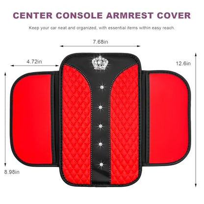 Bling Crown Car Center Console Cover, Crystal Leather Auto Armrest Box Cushion with 2 Storage Bags, Universal Crown Middle Console Cover Arm Rest Protector for Most Vehicles (Red) - color: Red