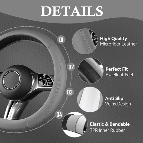 CAR PASS Microfiber Leather Steering Wheel Cover and Waterproof Car Floor Mats,Universal Car Combo Fit for 95% Sedan,SUV,Cars,14.5-15inch Anti-Slip Safety Comfortable Faux Leather Design(Solid Gray) - color: All Gray