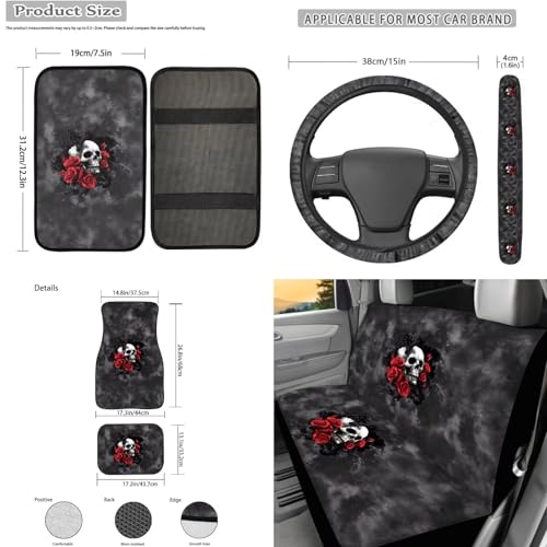 Red Rose and Skull Print 17 Pcs Car Seat Cover Full Set, Car Seat Cover Thickened Non-Slip Floor Mats Steering Wheel Cover Keychains Seatbelt Pad Armrest Cover Cup Coasters - color: Red Rose and Skull Print