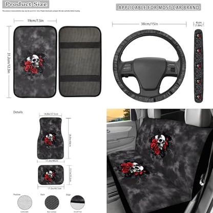 Red Rose and Skull Print 17 Pcs Car Seat Cover Full Set, Car Seat Cover Thickened Non-Slip Floor Mats Steering Wheel Cover Keychains Seatbelt Pad Armrest Cover Cup Coasters - color: Red Rose and Skull Print