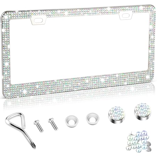Amiss Bling License Plate Frame for Women, 1Pack Rhinestone Handcrafted Crystal Premium Stainless Steel, Stainless Steel Car Decorative Accessories with Diamond Sparkle Glitter Caps (Colorful) - color: Colorful, size: 1pc