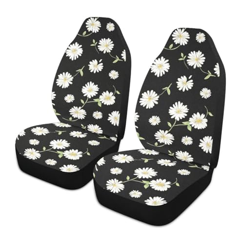 Daisy Car Seat Covers Set of 2,Cute Daisy Flowers Black Design Universal Auto Front Seat Protector Vehicle Seat Cushion Cover for Women Cute Floral Pattern Car Accessories Fit for Car Truck - color: White
