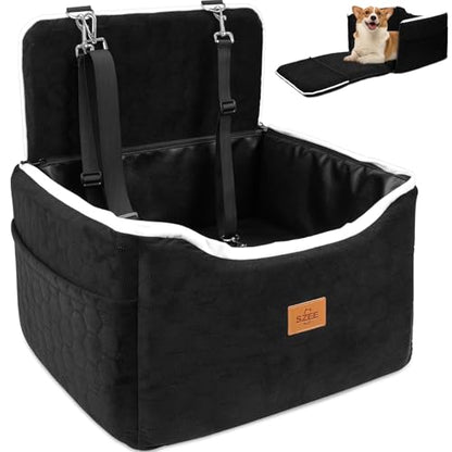 SZEE Dog Car Seat for Small/Medium Sized Dogs up to 35 lbs, Dog Booster Car Seat with Detachable Protective Leather Cover, Save Cleaning Effort, Reclinable Backrest (Black)
