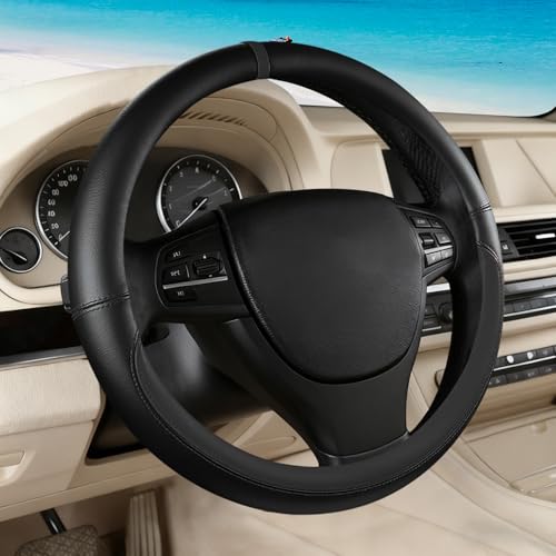 All Black Car Steering Wheel Cover, Nappa Leather, Bottom Color Blocking, Universal 14.5-15 Inch Leather Anti-Slip Breathable Auto Steering Wheel Covers for Men Women - color: All Black