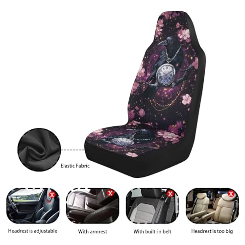 Crow Cherry Blossom Clock Print Universal Car Seat Covers Full Set of 2, Non-Fading Auto Front Bucket Seats Protector Washable Bucket Seat Covers Fit for SUV, Van, Truck, Sedan - color: Crow Cherry Blossom Clock