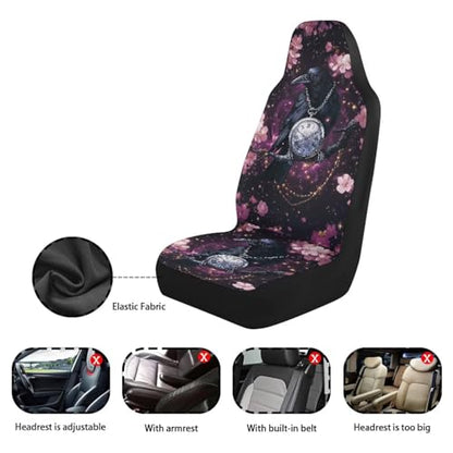 Crow Cherry Blossom Clock Print Universal Car Seat Covers Full Set of 2, Non-Fading Auto Front Bucket Seats Protector Washable Bucket Seat Covers Fit for SUV, Van, Truck, Sedan - color: Crow Cherry Blossom Clock