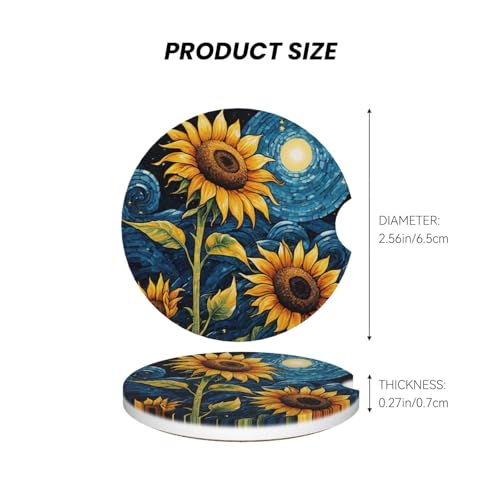 Sunflower Starry Sky Oil Painting Absorbent Ceramic Car Coasters for Cup Holders, 2.56" Anti Slip Insert Cup Coasters for Women Men (2 PCS) - color: Sunflower Starry Sky Oil Painting