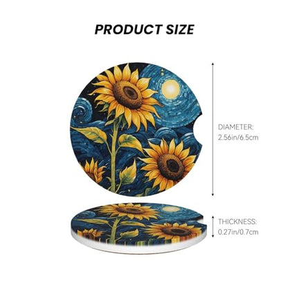 Sunflower Starry Sky Oil Painting Absorbent Ceramic Car Coasters for Cup Holders, 2.56" Anti Slip Insert Cup Coasters for Women Men (2 PCS) - color: Sunflower Starry Sky Oil Painting