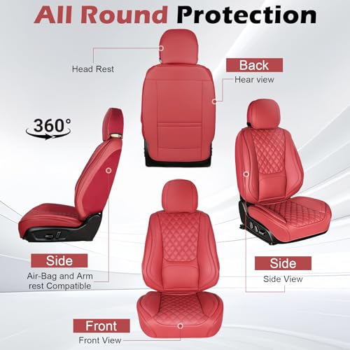 Car Seat Covers Full Set, Red Faux Leather Seat Protectors, Breathable with Lumbar Support, Wear-Resistant Universal Fit for Most Cars Trucks SUV