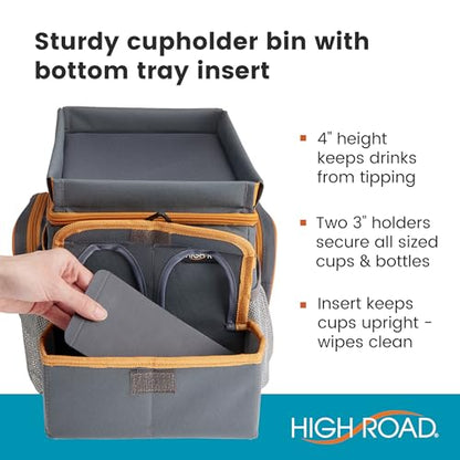High Road CarHop Car Caddy Organizer with Road Trip Cooler, Car Cup Holder Bin, Sturdy Snack and Play Lid and 6 Organization and Storage Pockets, Gray - color: Gray