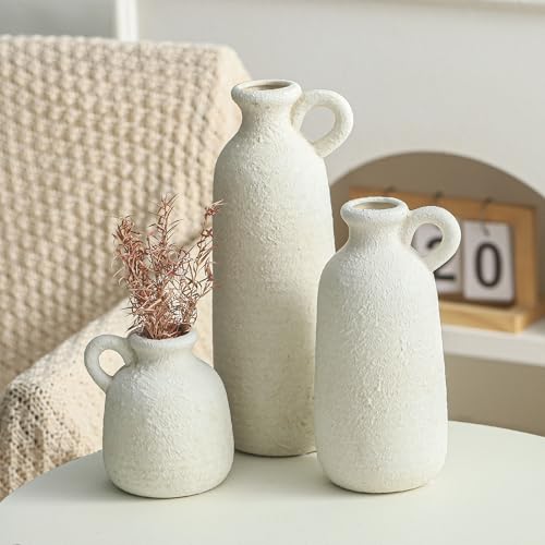 Ceramic Vase Set of 3 with Handle, Neutral Rustic Vases Home Decor Farmhouse Decorative Vase Whitewashed Pottery Decor Modern for Table Mantel Entryway Bookshelf Living Room Kitchen Bedroom - White