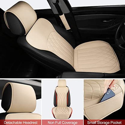 1 Pack Leather Front Car Seat Cover, Universal Sideless Car Seat Protector with Storage Pocket and Seat Belt Pad, Waterproof Automotive Seat Cover Cars Trucks SUV(Beige) - color: front 1pcs beige