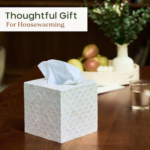 CHI AN HOME 5.5” Capiz Tissue Box Cover, Square Decorative Tissue Holder with Bottom Slider, Handmade Bathroom Accessories, Elegant White Cube for Vanity, Bedroom, Office & Coastal Décor (Natural) - size: Square