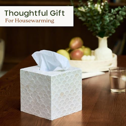 CHI AN HOME 5.5” Capiz Tissue Box Cover, Square Decorative Tissue Holder with Bottom Slider, Handmade Bathroom Accessories, Elegant White Cube for Vanity, Bedroom, Office & Coastal Décor (Natural) - size: Square