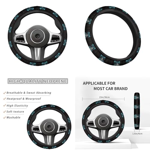 Green Rose Flower Car Accessories 6 Pcs Sets Skull Print Car Steering Wheel Cars Funny Cars Armrest Cover Handbrake Cover Auto Interior Sets - color: green rose skull