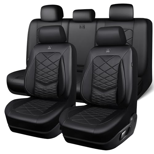 CAR PASS Luxury Nappa Leather Seat Covers Full Set, Water Resistant Faux Leather Seat Covers with Lumbar Support, Comfortable Automotive Seat Covers Universal Fit for SUV Sedan Van Truck, Solid Black - color: All Black, size: Full Set