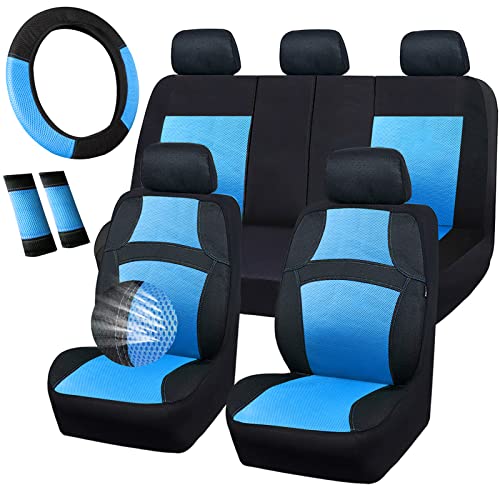 CAR PASS Universal 13PCS 3D Air Mesh-100% Breathable Seat Covers Full Sets, Steering Wheel&Belt Cover, Airbag and Rear Split Bench Compatible for 90% Automotive SUV Truck Cute Women Black Water Blue - color: Black Water Blue, size: Full set