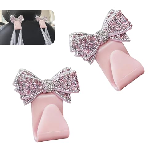 2 PCS Car Bling Seat Headrest Hooks, 3D Butterfly Bow Rhinestone Decoration Hook, Multi-function Storage Hanger for Purses and Bags, Cute Organizer for Car Rear Seat (Pink) - color: Pink