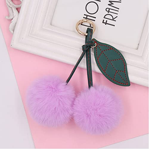 Cute Faux Rabbit Fur Ball Pom Pom Keychain Car Key Ring Handbag Tote Bag Pendant Purse Charm - color: Cherry-lightpurple