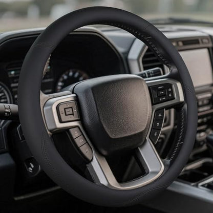 Leather Steering Wheel Cover for Ford F150/F250/F350, 15.5-16 Inch Truck Steering Wheel Grip, Breathable & Anti-Slip, Premium Semi Car Accessories (Black) - color: Black