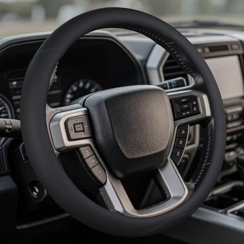 Leather Steering Wheel Cover for Ford F150/F250/F350, 15.5-16 Inch Truck Steering Wheel Grip, Breathable & Anti-Slip, Premium Semi Car Accessories (Black) - color: Black
