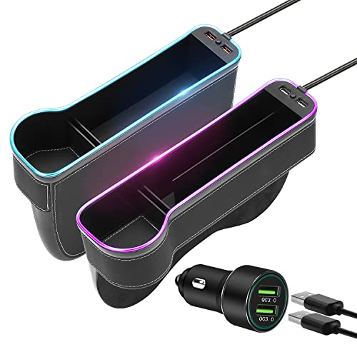 7 Color Led Car Seat Gap Organizer with 56W Fast Charger Car Console Organizer with Cup Holder Front Seat Gap Filler with USB Between Seat Cup Holder fit for Android iPhone (Black)