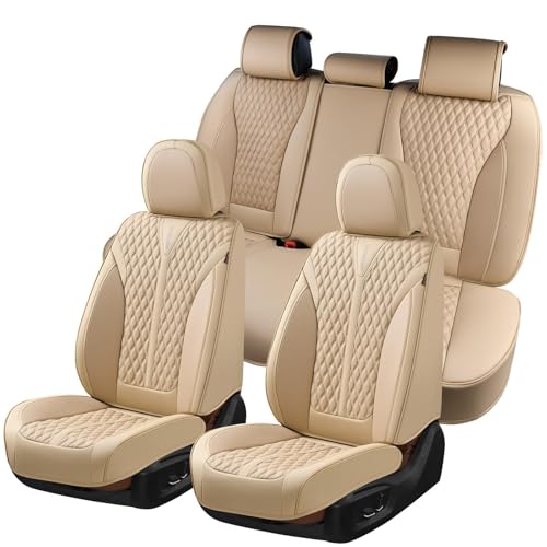 Coverado Car Seat Covers Full Set, Waterproof Nappa Leather Seat Covers for Cars, Front and Back Car Seat Protector, Luxury Car Seat Covers, 5 Seats Universal Beige Car Seat Cover Fit for Most Cars - color: Beige, size: FullSet