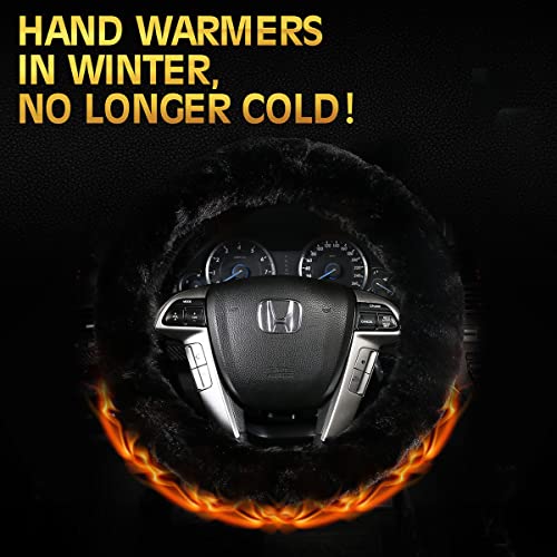 Warm Steering Wheel Cover with Handbrake Cover & Gear Shift Cover, Soft Fazzy Steering Wheel Wrap Faux Wool Fluffy for Winter 3 Pcs1 Set Fit Most of Car(Black) - color: black