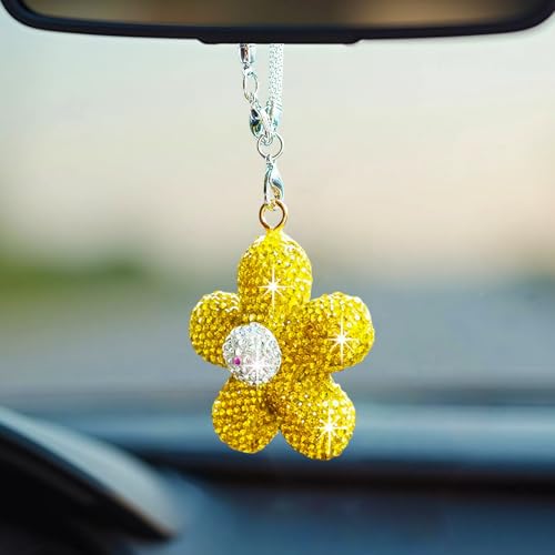 Bling Daisy Flower Car Hanging Ornament for Women, Cute Crystal Rear View Mirror Pendant Charms Sparkly Diamond Aesthetic Automotive Interior Decor Accessories (Yellow) - color: Yellow