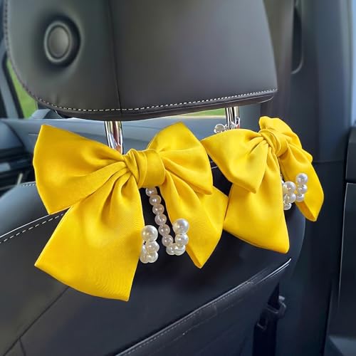 2 PCS Bow Pearl Car Seat Headrest Hook – Cute Purse Hook for Car, Girly Interior Decoration Accessories Hook Hanger, Seatback Holder for Purses & Bags, Elegant Car Organizer (Sunshine Yellow) - color: Sunshine Yellow