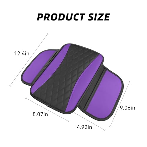 Patchwork Leather Car Center Console Cover,Microfiber Leather Vehicle Armrest Protector Cushion with 2 Storage Bags,Universal Cars Armrest Cushion for SUV, Sedan, Truck (Purple)