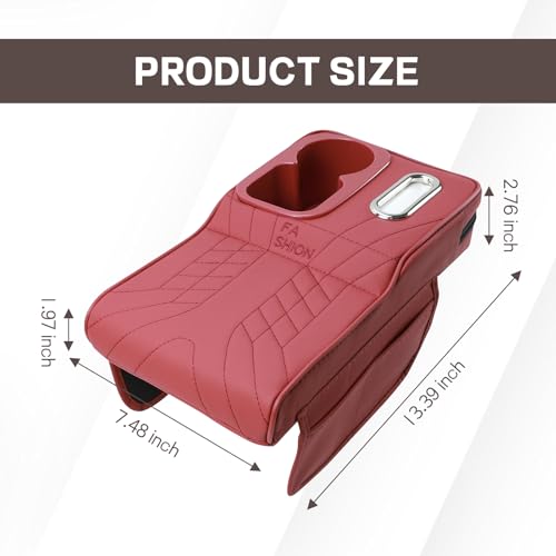 Car Center Console Armrest Pillow, 13.4"×7.5"×2" Leather Auto Arm Rest Cover with Pocket & Tissue Box & Cup Holder, Multifunctional Vehicle Armrest Cushion Pad, Car Accessories (Red)