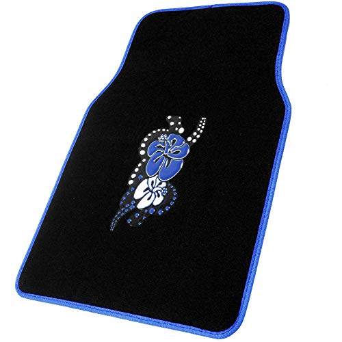 Blue Hawaiian Flower Design Carpet Car Floor Mats for Auto Van Truck SUV 4pc Front & Rear Full Set with Anti-Slip Rubber Backing Universal Fit - color: Hawaiian Flower Blue